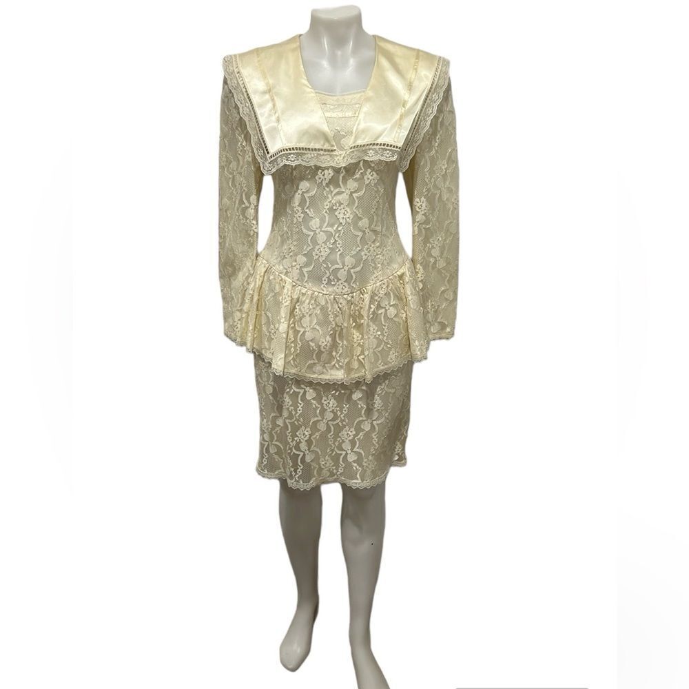 Gunne Sax by Jessica McClintock cream lace long sleeve 80s dress size 8